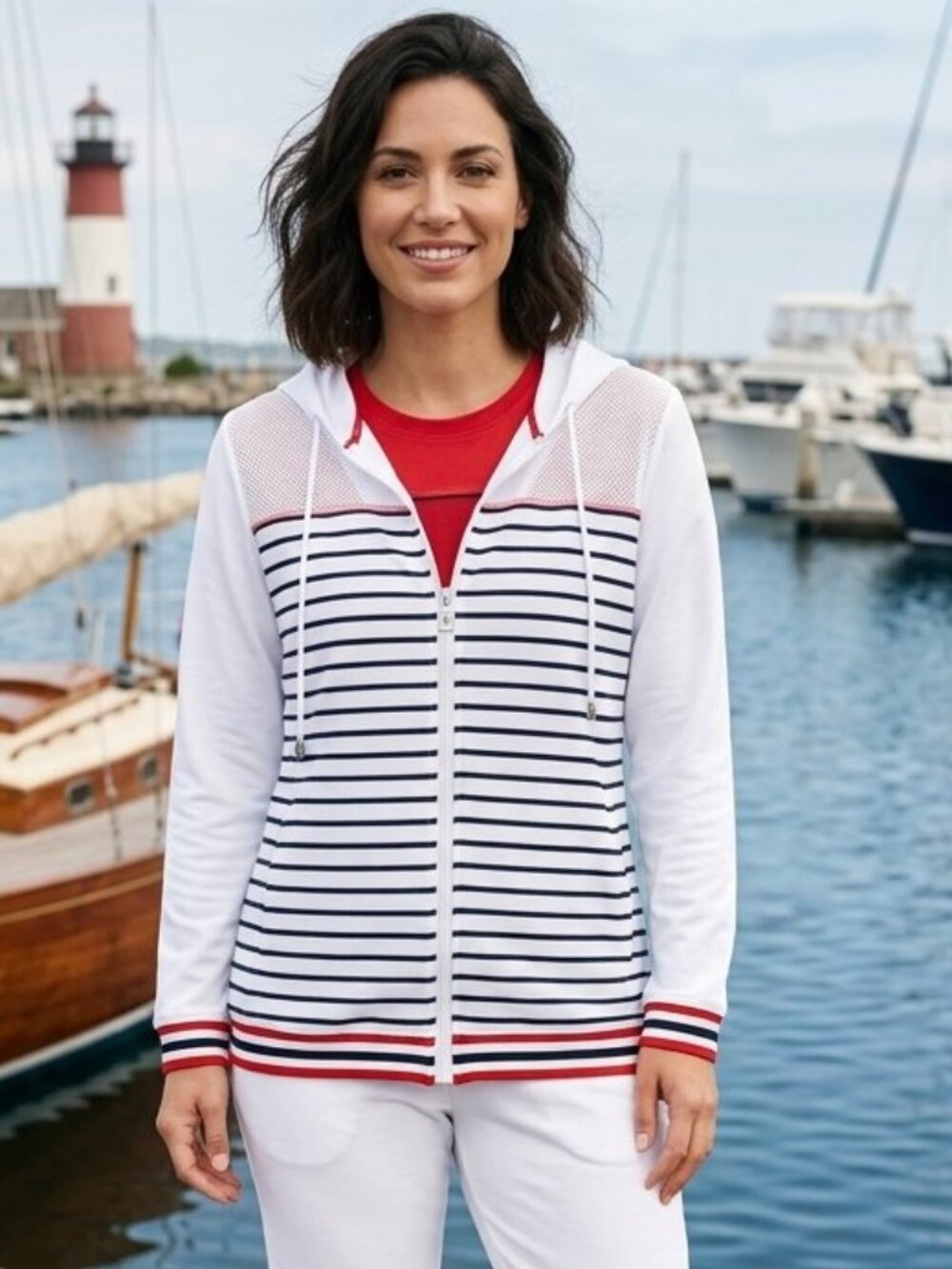 Vecceli Italy Orly White Navy Red Mesh Panel Sporty Nautical Striped Hoodie 3681